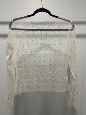 Sheer Ivory Pearl-Studded Long Sleeve Tee